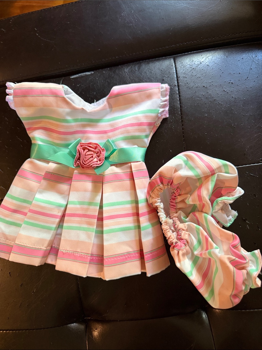 Striped Pink & Mint Doll Dress with Matching Bonnet
